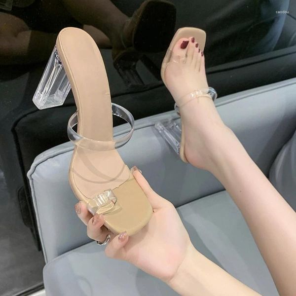 Slippers Brand Summer Femmes PVC Transparent High Talon Glissages Femelle Square Sandal Sandal Flip Flops Mujer Chaussures