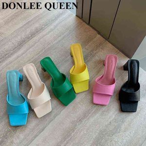 Pantoufles Marque Femmes Pantoufles De Mode Peep Toe Mule Chaussures Femmes Talons Bas Diapositives En Plein Air Tongs Élégantes Sandales Bonbons Vert Mujer 220307