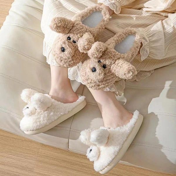 Zapatillas marrón blanco cálido cálido piso de invierno dormitorio en casa encantadores zapatos de perros lindos encantadores para chicas para mujeres