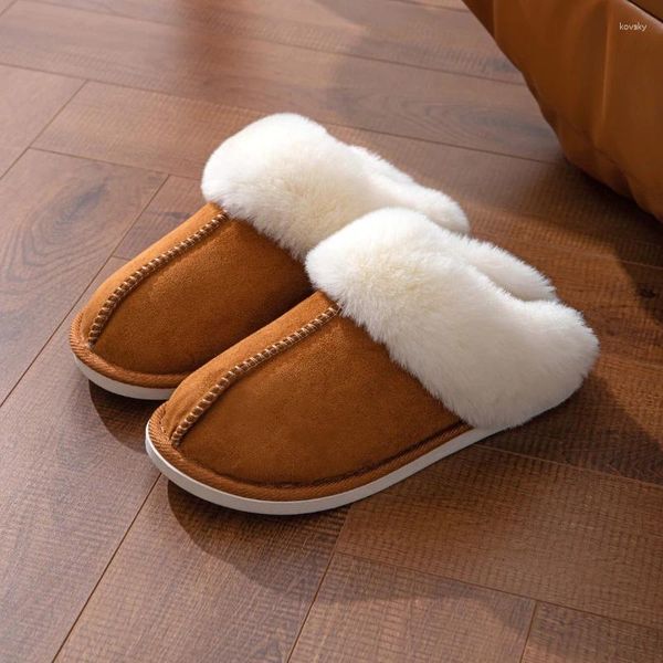 Zapatillas Marrón Mujer Hombre Invierno Cuero Cálido Corto Felpa Plana Con Mujer Antideslizante Algodón Pareja Nieve