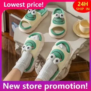 Pantoufles dessin animé mignonnes grenouilles ganters de lin pour femmes chaussures à fond épaisses de maison en coton couple pantoufles intérieures