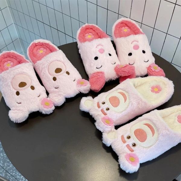 Pantoufles de dessin animé chaud de Style japonais, chaussures d'intérieur plates et décontractées antidérapantes pour filles et femmes, chaussures en peluche, ours rose doux