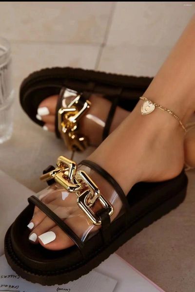 Slippers Chain Design Femmes Outdoor Place plate Femme non glissée Sandales Soft Cozy Sexy Sides Summer Fashion Female Chaussures