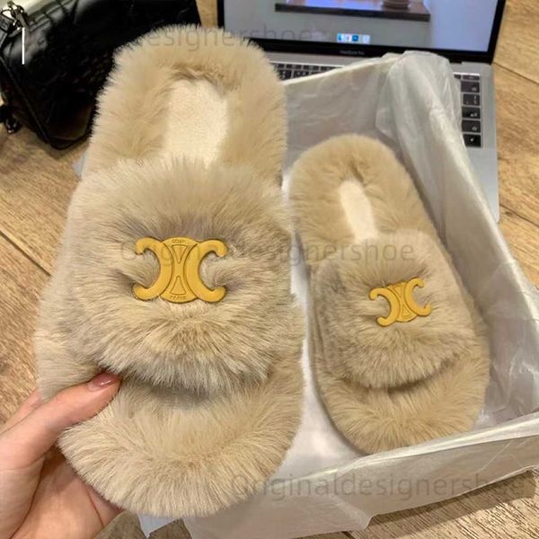 Slippers Chaopai Plaies en peluche pour les femmes en 2023 Nouvelle boucle en métal une ligne pantoufle printemps et automne à la maison coton été portant une demi-pantoufles T240416