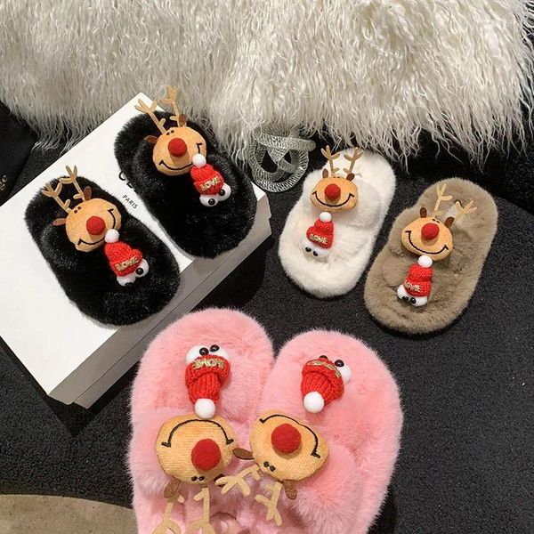 Zapatillas para niños de peluche de dibujos animados Kawaii otoño invierno cálido niños Navidad alce esponjoso algodón niñas lindo