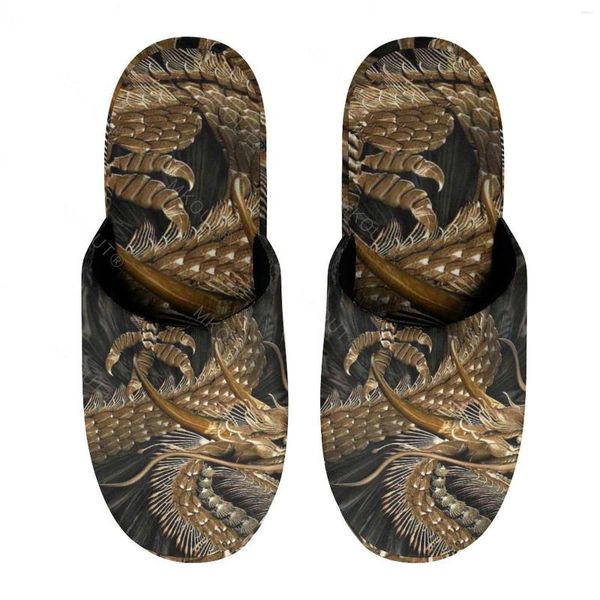 Pantoufles Dragon chinois japonais (19) en coton chaud pour hommes et femmes, chaussures moelleuses antidérapantes à semelles épaisses et douces, pour l'intérieur de la maison S