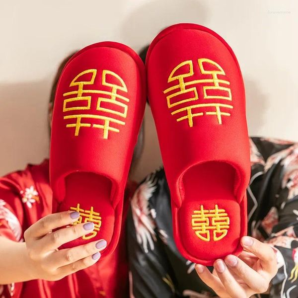 Pantoufles Style chinois rouge mariage automne hiver amoureux intérieur dot coton femmes hommes chaussures Couple se marier chambre D
