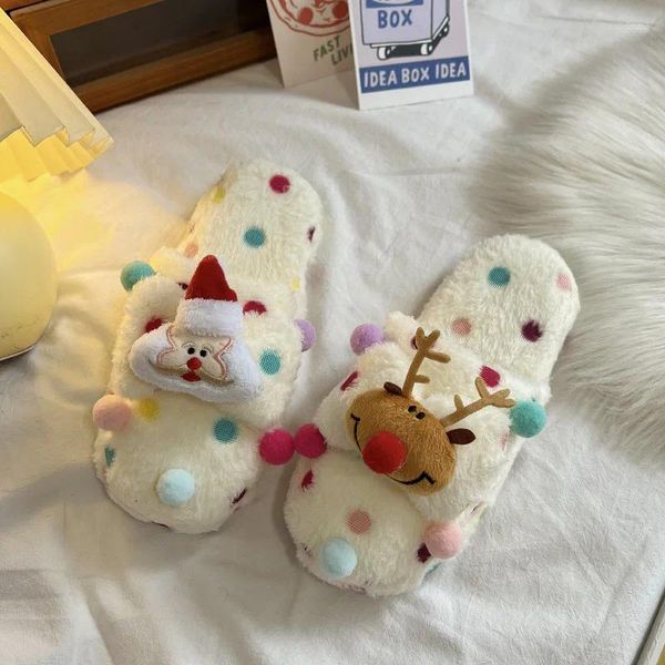 Zapatillas navidad alk lujoso hogar para mujeres invernal con toboganes peludos zapatos de tobogán lindos ciervos esponjes 2024 regalos de Navidad