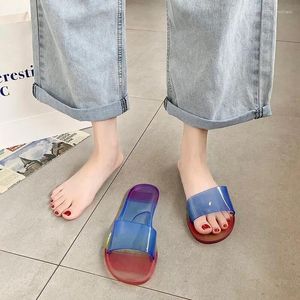 Zapatillas coloridas de gelatina de cristal transparente para mujer, toboganes para piscina de playa al aire libre de verano, casa interior, zapatos planos antideslizantes