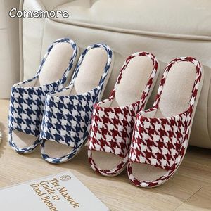 Pantoufles comemore maison décontractée grille intérieure pantoufle douce printemps d'automne maison femelle glissades plancher chaussures plates femmes hommes lin coton