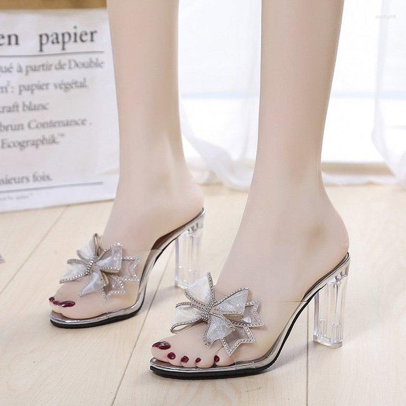 Hausschuhe Comemore Strass Bogen Transparent Starke Ferse Sandalen 2023 Frauen Sliders Schuhe Sommer Schuhe frauen High Heels