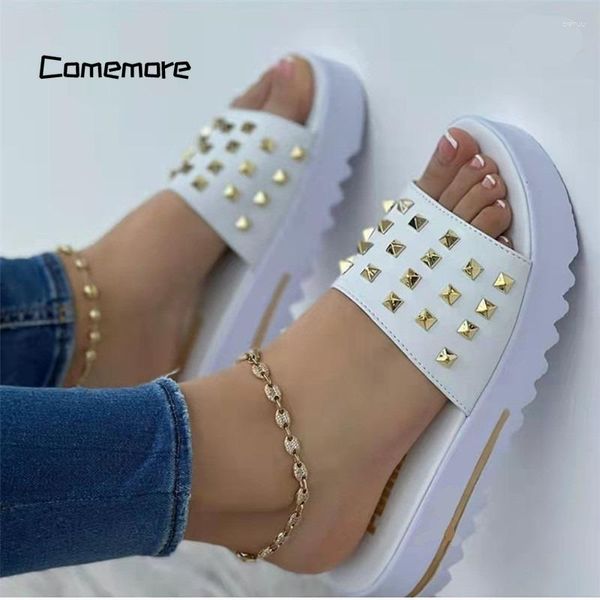 Pantoufles Comemore femmes 2023 mode confortable été en plein air Sexy doré pantoufle chaussures plates blanc plage sandales