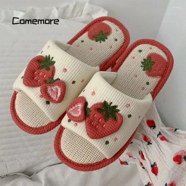 Zapatillas comemore mujeres 2024 zapatos de dormitorio interior toboganes no deslizantes damas fresas fresas zapato de mujer otoño otoño lino algodón