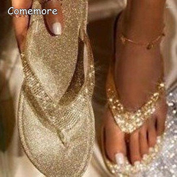 Zapatillas Comemore Mujer Chanclas planas Diapositivas Bling Rhinestone Zapatos de mujer Casual Verano Mujer Cristal Glitter Plus Tamaño 42 43