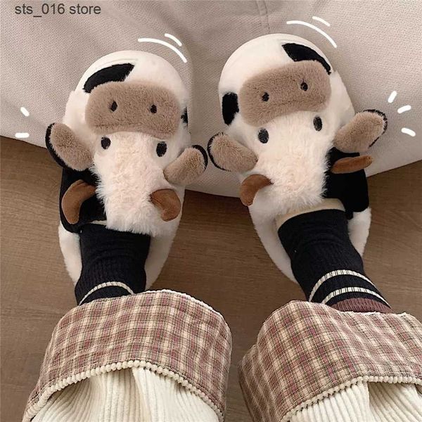 Pantoufles Comwarm mignon Animal fourrure pantoufle pour femmes filles mode moelleux hiver chaud pantoufles femme dessin animé lait vache maison coton chaussures T230828