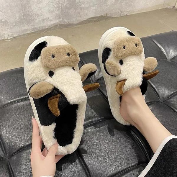 Pantoufles vache en peluche maison chaude unisexe mignon dessin animé hommes et femmes chaussures de coton