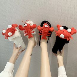 Slippels Crab Women Kerstmisd Slippers Cartoon schattige kreeft Home Slipper harige faux bontglaasjes vrouw Warm Winter Flip Flop schoenen