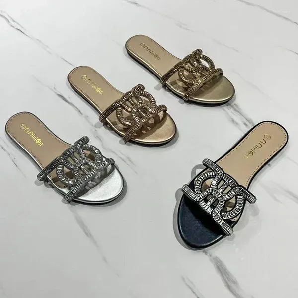 Pantoufles transfrontalières chaussures pour femmes à la mode sandales à fond plat surdimensionné tendance africaine strass