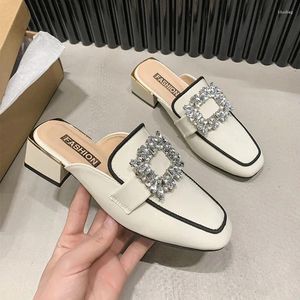 Pantoufles Cristal Mi Talons Mules Chaussures Femmes Robe De Luxe Tongs Été 2024 Fad Chunky Slingback Sandales Pompes Femme Diapositives