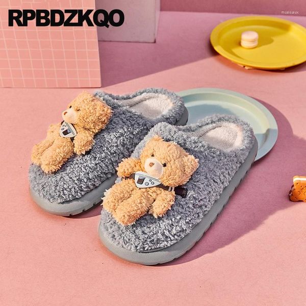 Zapatillas linda casa de animales damas marca diseñador tamaño 12 zapatos de dibujos animados azul 11 tendencia 2023 oso diapositivas mujeres mullido grande peludo