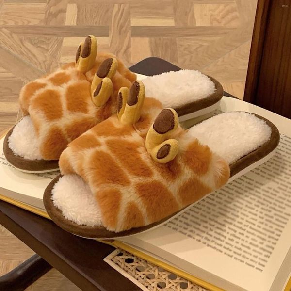 Pantoufles mignon Animal pantoufle pour femmes filles mode Kawaii moelleux hiver chaud femme dessin animé girafe maison drôle chaussures
