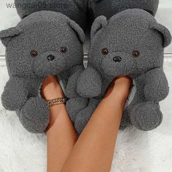 Pantoufles Mignon Dessin Animé Ours Conception Maison Femmes Pantoufles De Fourrure Gris Rose Marron Hiver Chaud Dames En Peluche Chaussures Onesize Fluffy Filles Diapositives T230712