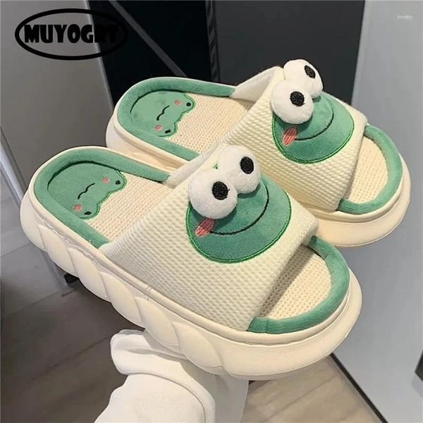 Pantoufles mignonnes dessin animé grenouille coton ligne de printemps house glissa les tongs féminins femmes pour la maison d'été pantoufle