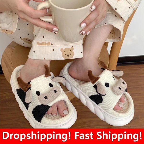 Pantoufles mignonnes dessin animé lait vache de vache pour femmes chaussures de maison de fond épaisses couple couple intérieur