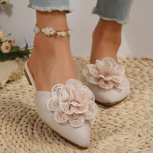 Pantoufles mignonnes sandales transparentes pour femmes été sans lacet décontracté bout pointu fleurs fond plat doux string compensé