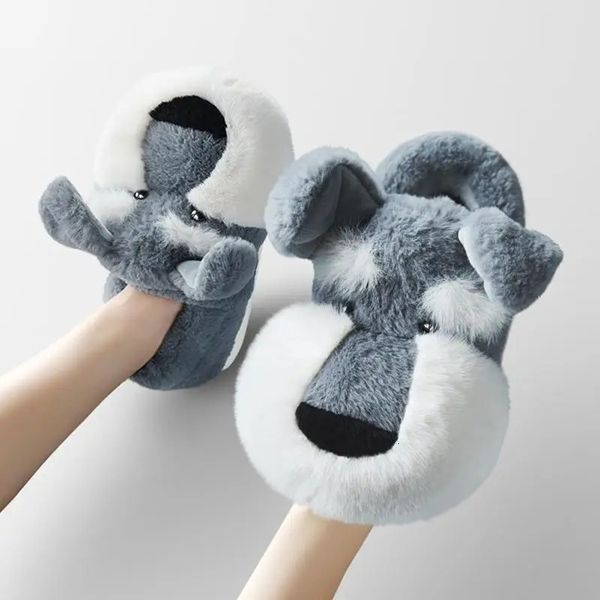 Pantoufles Mignon moelleux Schnauzer pantoufles femmes 3D Animal maison fourrure mocassins unisexe Mules chaussures intérieur pantoufles famille correspondant chaussures 231219