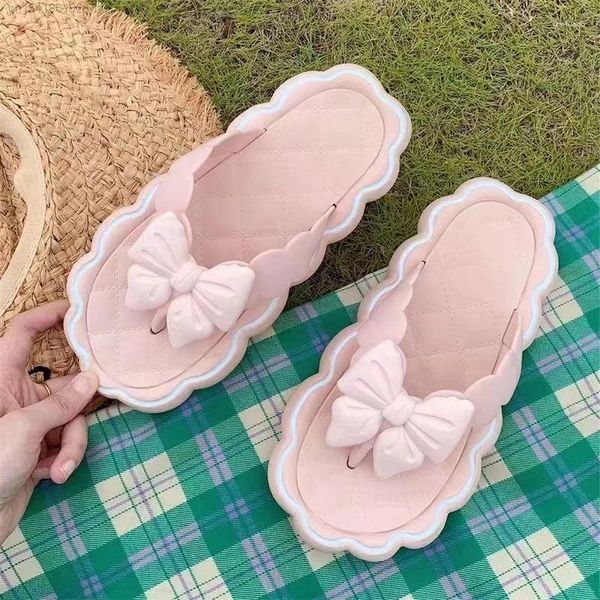 Zapatillas lindas y 2k bowknot rosa blanco chanclas para mujeres vacaciones kawaii yk2 playa estilo coreano negro zapatos de plataforma para mujer