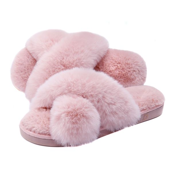 Pantoufles Dena Lives dames FLuffy Cross Band maison pantoufles floue mousse à mémoire de forme bout ouvert pantoufle pour femmes intérieur sans lacet 230901