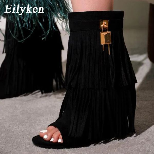Slippers eilyken Designer Fringe caliers bottes sandales femme hauts talons ouverts de fête des chaussures de bal 2023 Zipper sexy pompes