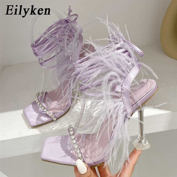 pantoufles Eilyken mode été strass plume femmes sandales à lacets croisé Sexy gladiateur bout carré dames chaussures à talons hauts