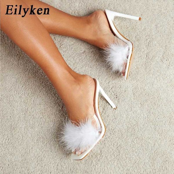 Pantoufles Eilyken plume talons fins fourrure PVC pantoufles sandales femmes Peep Toe Mules dame pompes diapositives chaussures taille 35-42 J240402