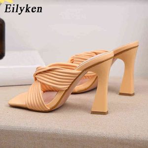 Zapatillas Eilyken, nuevas zapatillas plisadas para mujer, sandalias de tacón alto a la moda para mujer, sandalias cruzadas de banda estrecha, zapatos de verano 220308