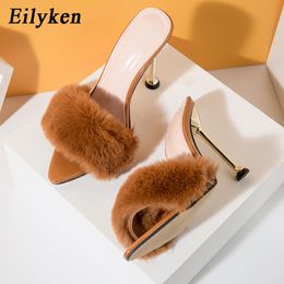 Pantoufles Eilyken été moelleux fourrure bout pointu femmes design de mode talons aiguilles mules chaussures diapositives dames sandales 230207