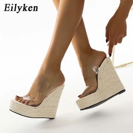 Zapatillas Eilyken verano PVC transparente peep toe caña tejido de paja zapatillas plataforma cuñas sandalias mujer moda tacones altos zapatos femeninos 231027
