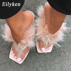 Slippels Eilyken Summer Slippers Women Furry Slides Fashion Square Toe transparante Perspex Heel Riine Sandalen vrouwelijke flip flop -schoen J230519