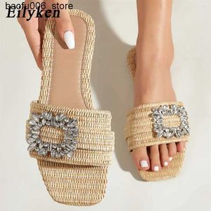 Slippers Eilyken Summer Sparkling Water Diamond Womens Slide Bright Diamond Flat Bottom Rod Crystal Sandalen Beach Slide Zapatos muje Q240318