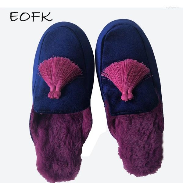 Pantoufles eofk femmes hiver chauds intérieure courte en peluche rétro frange marine bleu dames mulet femelle maison coton chaussures