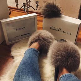 Pantoufles Ethel Anderson Authentic Fox Fur Slide Beauty Summer Fliffy Flip Top High Quality confortable Ratcoon Fur Sandalsl2405