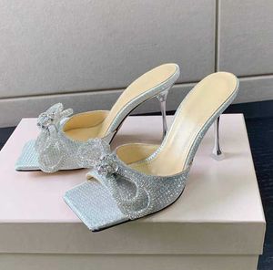 Pantoufles Chaussures De Soirée Femmes 'S Designers Chaussure Dames À Talons Brillant Argent Cristal Agrémenté Double Arc Bout Carré Pantoufle Mules Strass Stiletto