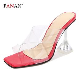 Slippers Fanan Women's Split Toe Clear Heels Sexy transparante strappy sandalen glijden muilezels voor dames dames stiletto hiel zomerschoenen