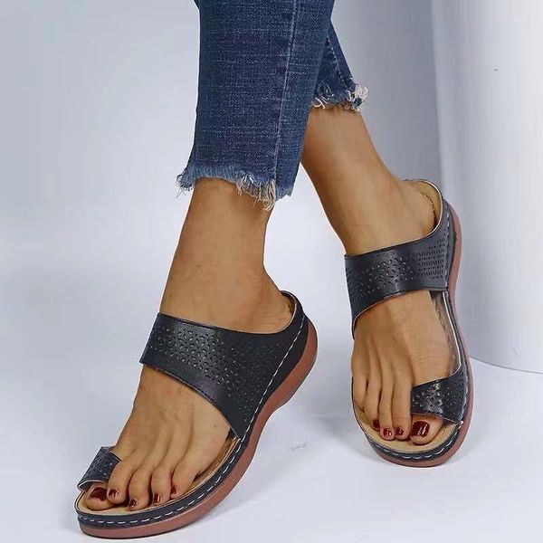 Zapatillas Moda Cuña Negra Ahueca Hacia Fuera Zapatilla Zapatos Casuales Corrector De Juanete Ortopédico Transpirable Mujeres Plataforma Cómoda Sandalias De Punta Plana