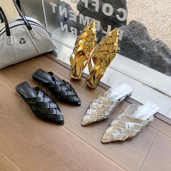 Pantoufles Mode Piste Or Sandales Femmes Appartements Diapositives Vintage Croix Tissé Bout Pointu Dames Mules Chaussures Noir Argent