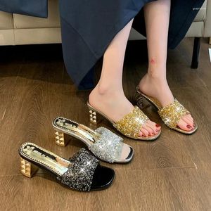 Slippers Fashion Show Sexal Sandals Woman Novelty Slip-On Silk 4cm talon de style japonais Femme Prom Femmes Chaussures Black