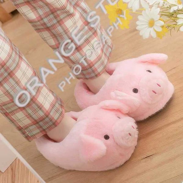 Zapatillas Moda Slip On Piggy Zapatillas Zapatos para mujer Chunky Cartoon Animal Pig Zapatos de algodón 2022 Otoño Invierno Fluffy Slides Z0215