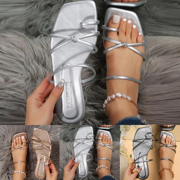 Slippers Fashion Spring and Summer Femme Flat Bottom Square Toe Clip Breathable Knot Confortable Christmas