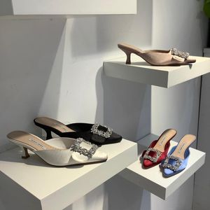 Slippels Fashion Women Rhinestone Design Elegant Thin High Heel Solid Color Beige/Blue/White/Red Summer Mules Outdoor Sandals